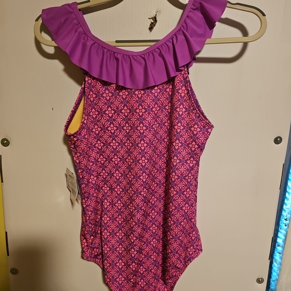NWT Girls Sz XL(14/16) Lands' End 1-piece Swimsuit Color Island Orchid Tile Geos